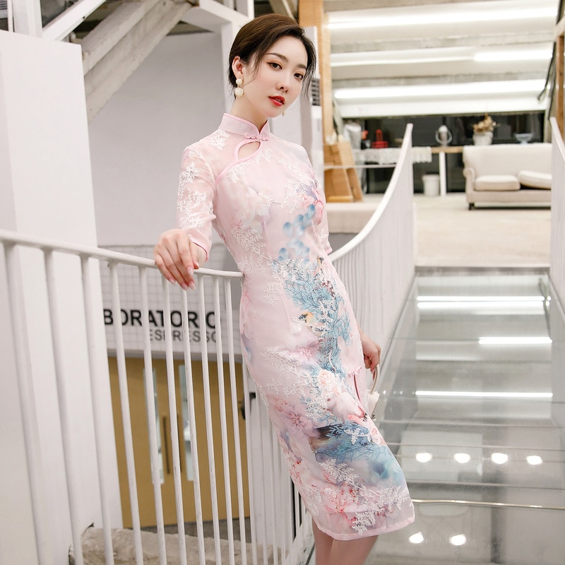 FZSLCYIYI-vestidos de estilo chino tradicional para mujer, vestido de media manga hasta la rodilla con estampado de qipao