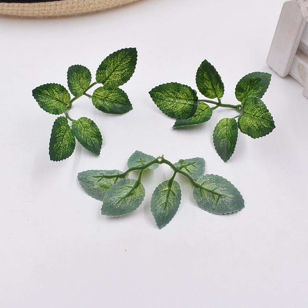 10 stk grønne kunstige blade bryllup boligdekoration rose blade diy klippe og indsætte håndværk falske blomster kunstige planter: Mørkegrøn