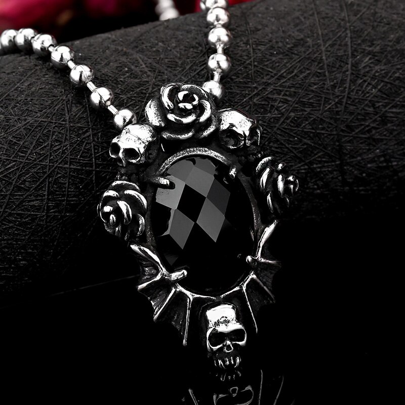 punk Acciaio Inox Cranio Collana Del Pendente Del Fiore con La Pietra Nera Degli Uomini di Modo del regalo Dei Monili della catena