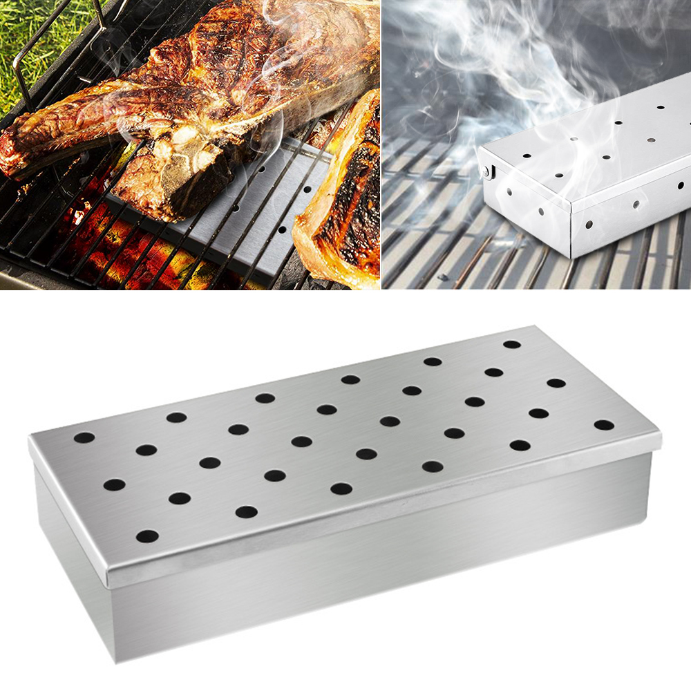 BBQ Stainless Steel Smoker Box Wood Chip Charcoal Gas Grilling Smoke Generator Outdoor Barbecue Accessories