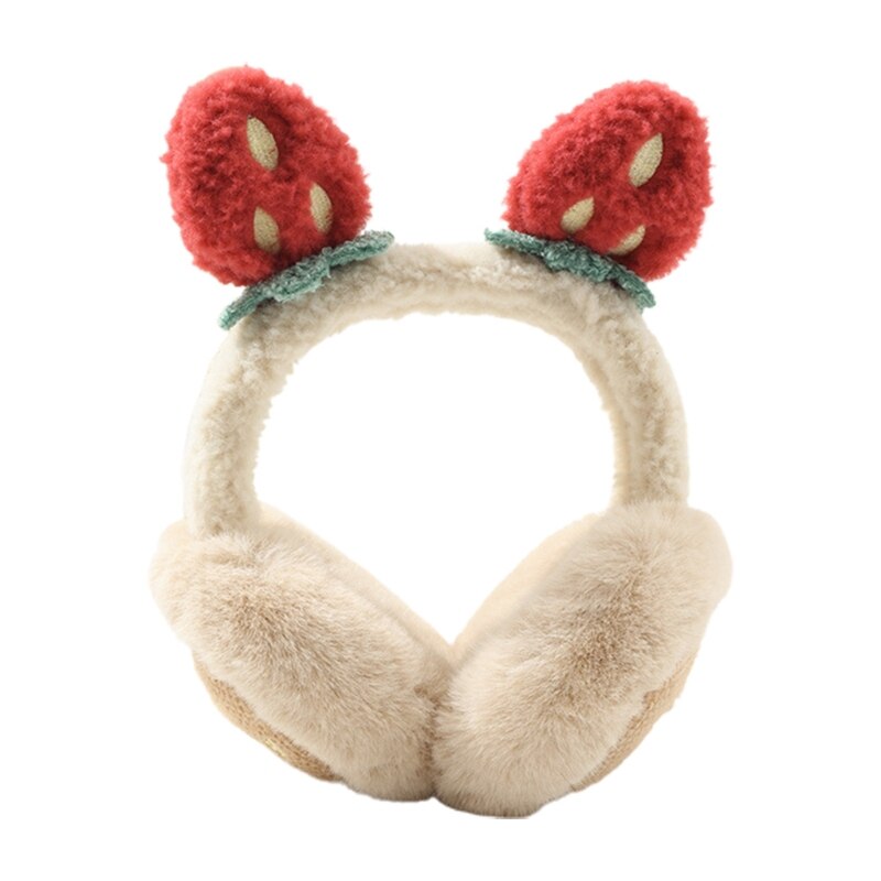 Women Student Winter Fluffy Plush Earmuffs Cute Cartoon 3D Strawberry Ears Earflap Foldable Portable Ear Warmers Covers: khaki