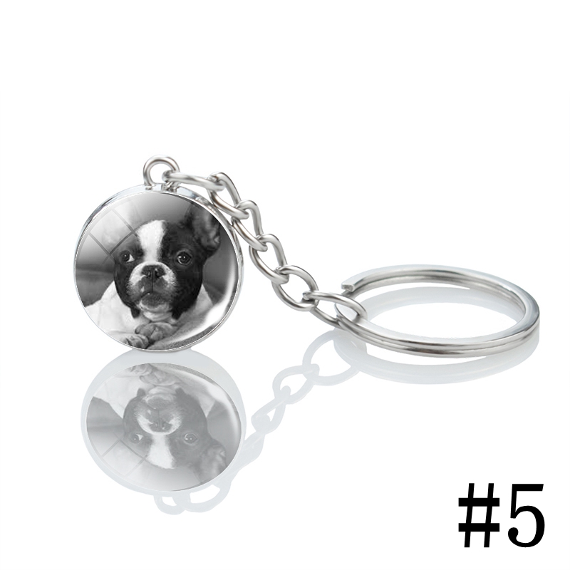 Men's Boston Terrier Keychain Black and White Dog Photo Glass Ball Pendant Keyring Decoration Pendant for Women: GRAY