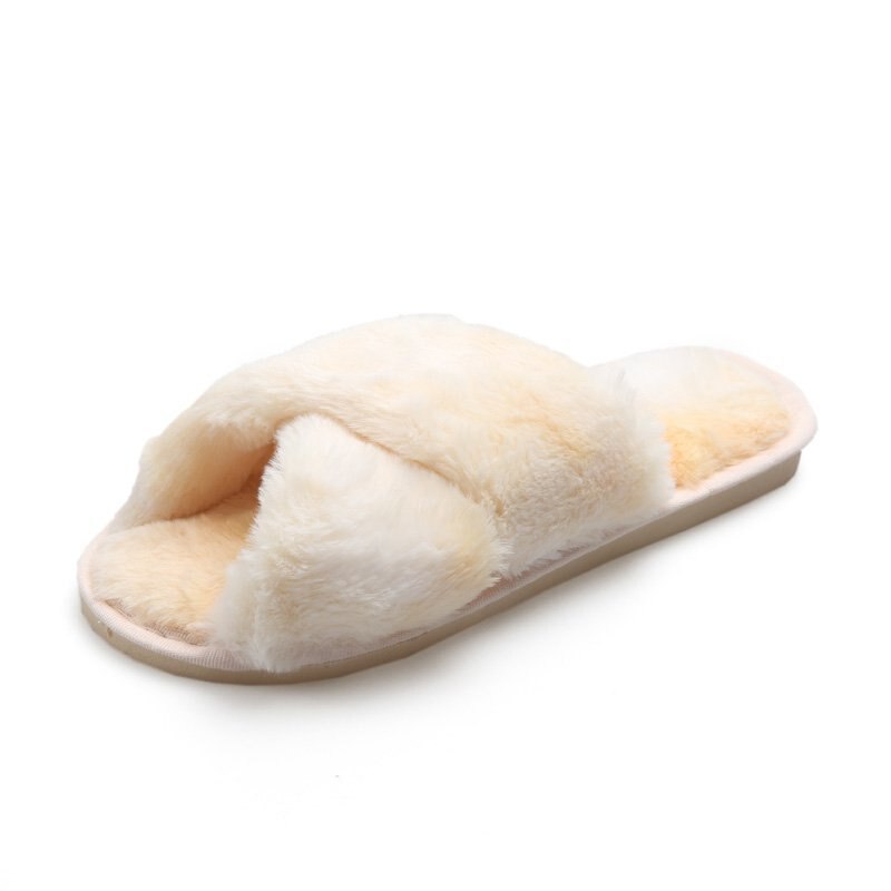 Multi-color Women Fluffy Slipper Shoes Winter Cross-tie Plush Slippers Flat Shoes Warm Faux Fur Slipper Home Ladies Shoes: color 2 / 36-37