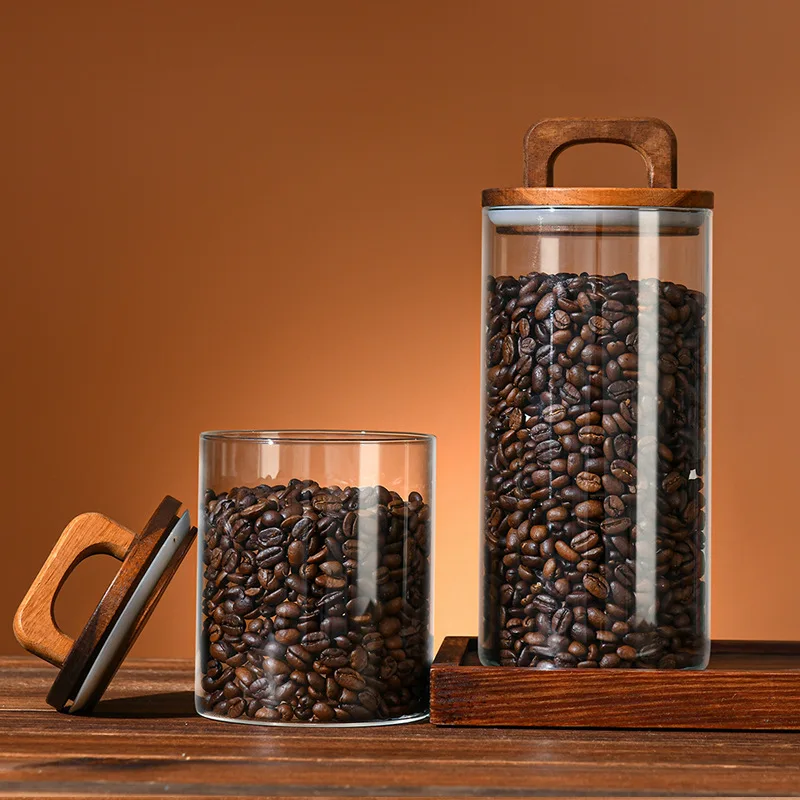 Tarro sellado de vidrio para granos de café con tapa de madera, tarros transparentes para granos de té, dulces, contenedores de almacenamiento de alimentos, botellas de almacenamiento de cocina