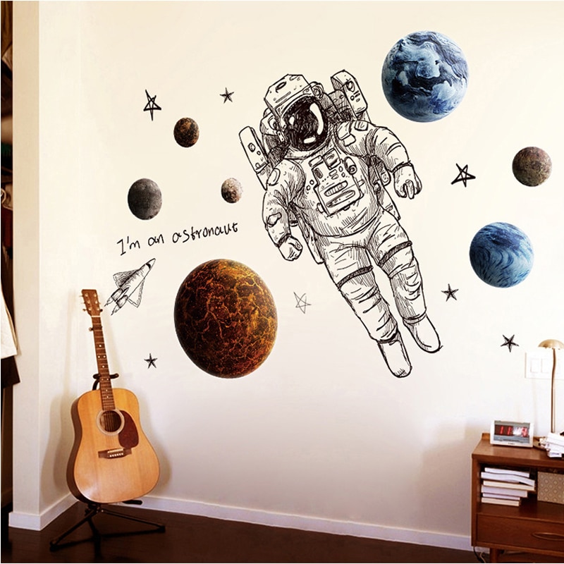 Muurstickers met noordse astronauten, decoratieve stickers met ruimteplaneten, muurstickers voor de babykamer, muurstickers voor thuisdecoratie, sterrenstelsel, p
