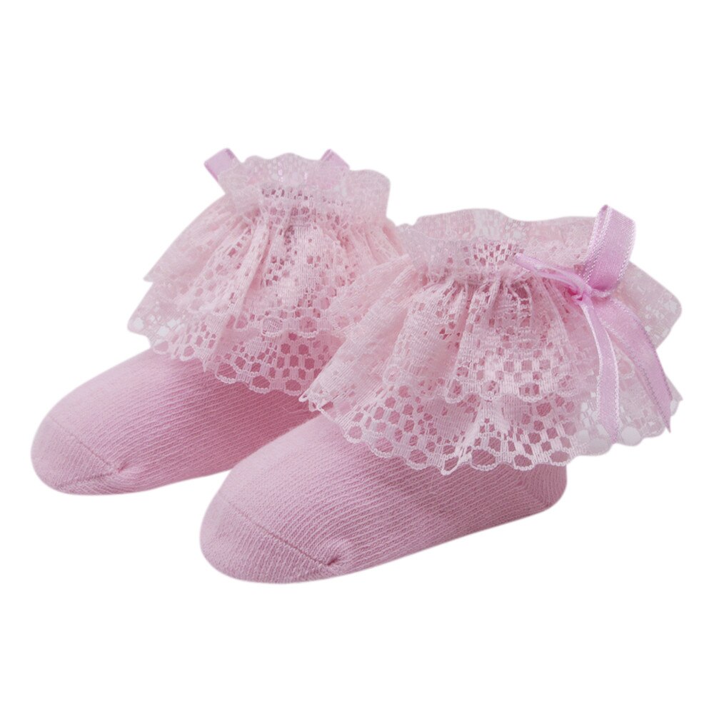 2020 del bambino Delle Ragazze Dei Capretti Del Merletto Comodo di Cotone Carino Calzino Del Bambino 0-1 anni di età di colore solido dell'arco del merletto della principessa calzini: Pink