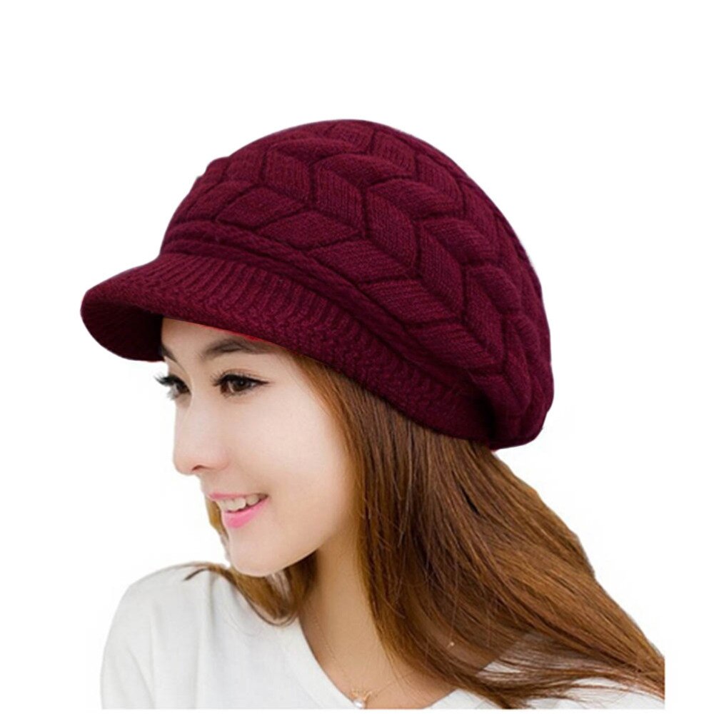 Winter Warm Knit Hat Wool Snow Ski Cap With Visor (Beige): Red