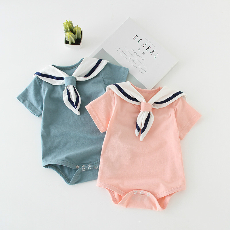 Summer baby one-piece clothes pure cotton short-sleeved baby triangle romper romper small navy style children's bag fart clo