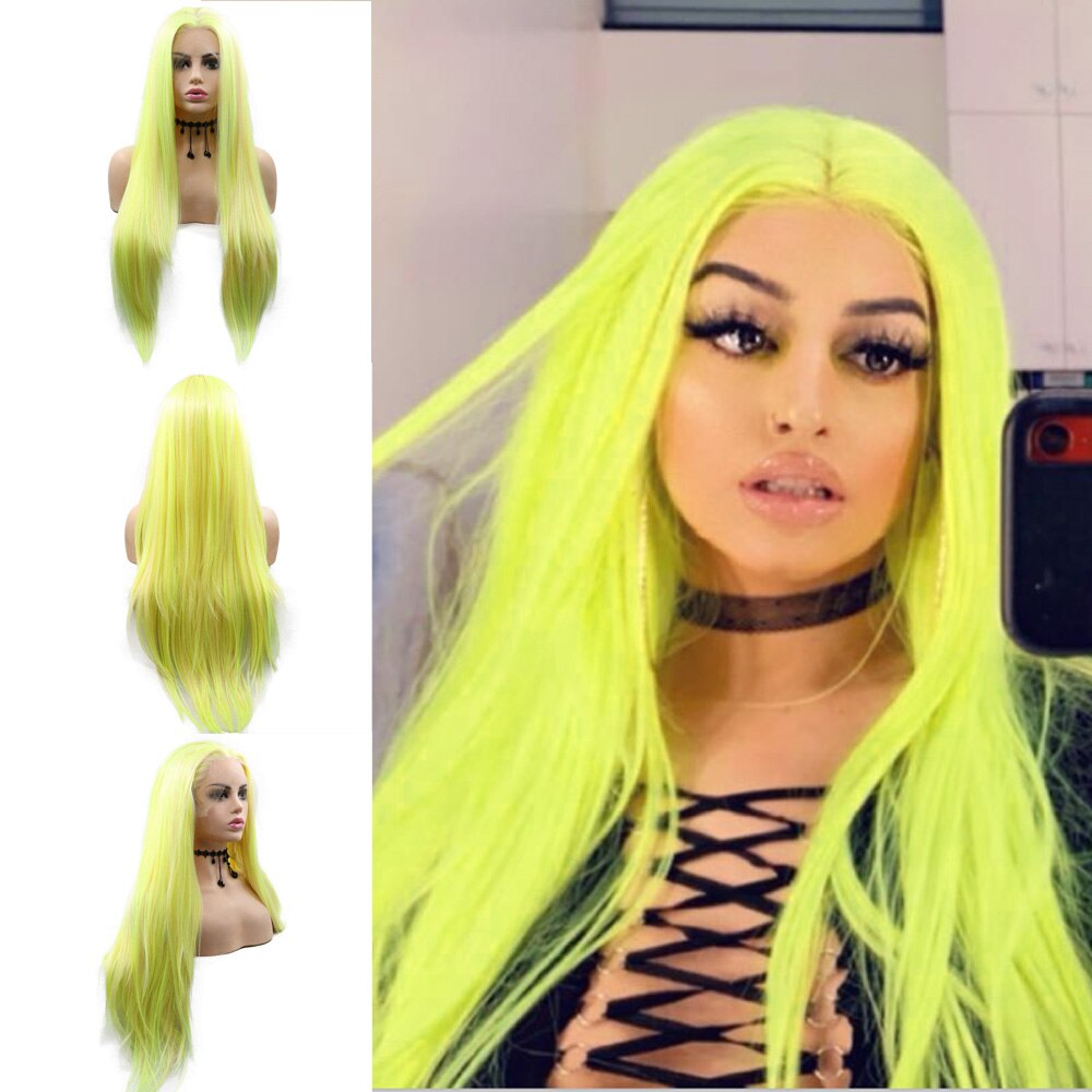 Peluca larga seda con encaje verde fluorescente para mujer, pelo Natural sin pegamento, resistente al calor: yellow