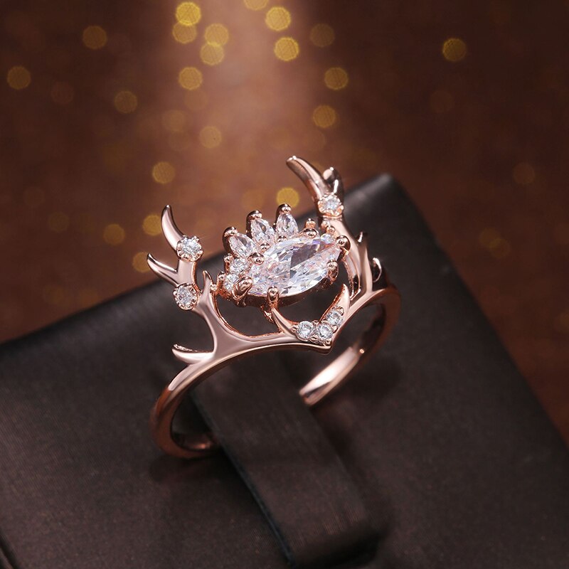 Bagues de luxe en or rose avec corne de cerf pour femme, bijoux de fiançailles, de mariage, de noël, avec incrustations de cristal de zircone blanche