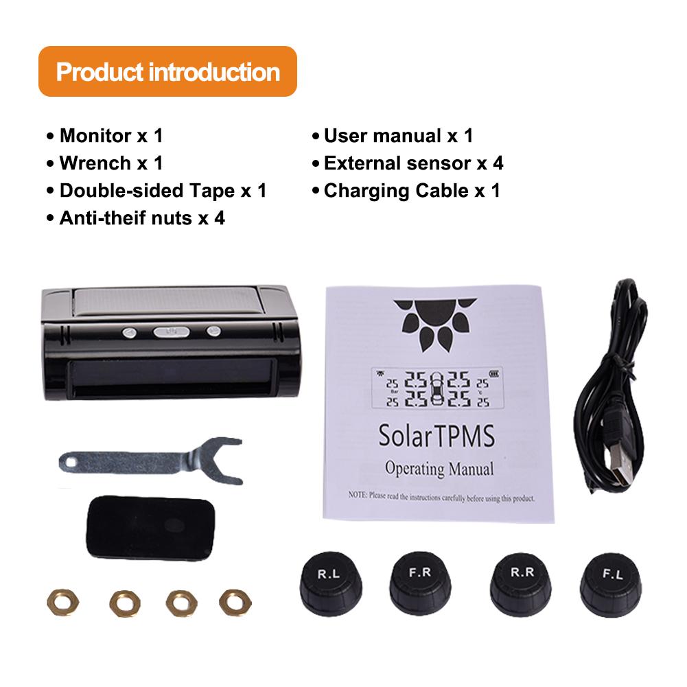 TPMS Automatic Brightness Control USB&Solar Charging Car Tire Wireless Pressure Monitor System Adjustable LCD 4 Tire Sensor