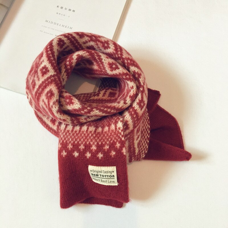 Höst vinter barn scarfs för flickor pojkar retro geometriskt mönster ull stickad baby scarf varm sjal barn halsdukar: Röd / Ull-
