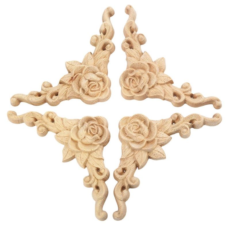 Aplique de esquina tallado en madera, 8x8cm, para puerta de armario, rosa sin pintar, estilo europeo, 4 Uds.