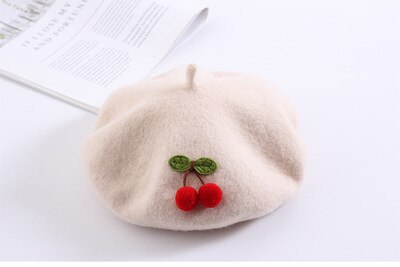 Béret de cerise pour enfants, chapeau pour fille, couleur Pure, mignon, Style japonais, fait à la main, , collection automne hiver, 48-52CM: beige