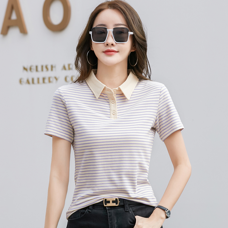 Korean Style Short Sleeve Polo Shirt Women Cotton Stretch Summer Tops Knitted Striped T-shirt For Women