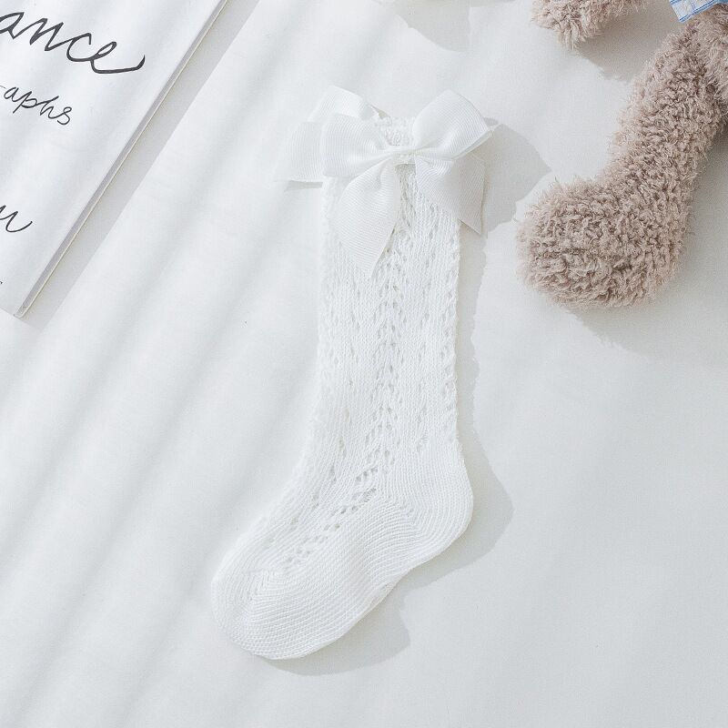 Calcetines largos con lazo para niñas pequeñas, calcetín hasta la rodilla, malla de algodón suave, estilo español, transpirables de 0 a 5 años