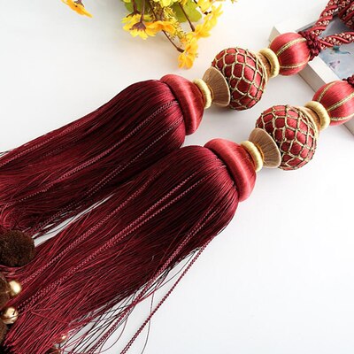 Embrasses de rideaux à Pompons, 2 pièces, cordes à franges, boules de ceinture suspendues, boucle de rideau, fermoir, accessoires: Bordeaux