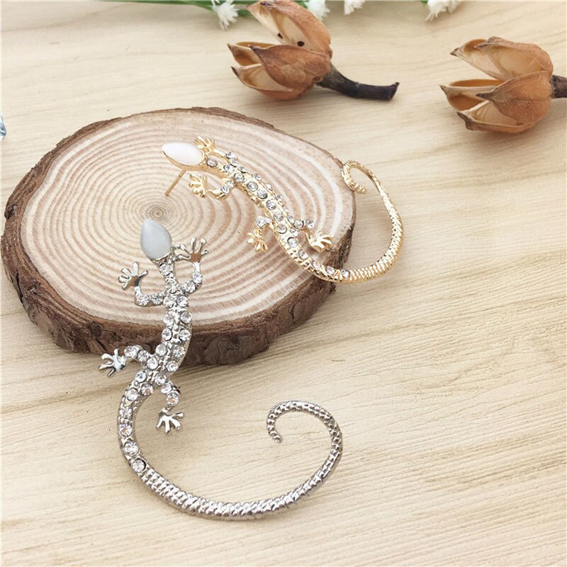 Gothic Punk Rhinestone Lizard Ear Cuff Earrings For Women Gold Silver Color Crystal Animal Clip Earrings Jewelry 1Pcs