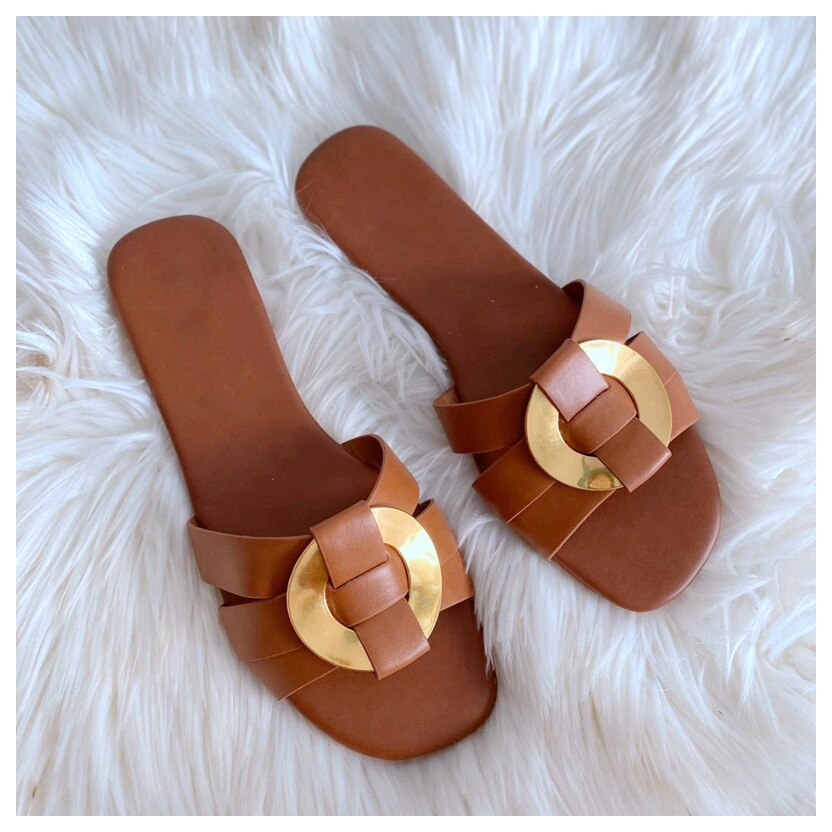 Zomerslippers damesmerk slide flat casual sandaal dames strand slippers metalen gesp pantoffel grote maat 41 schoenen vrouw: Bruin / 9