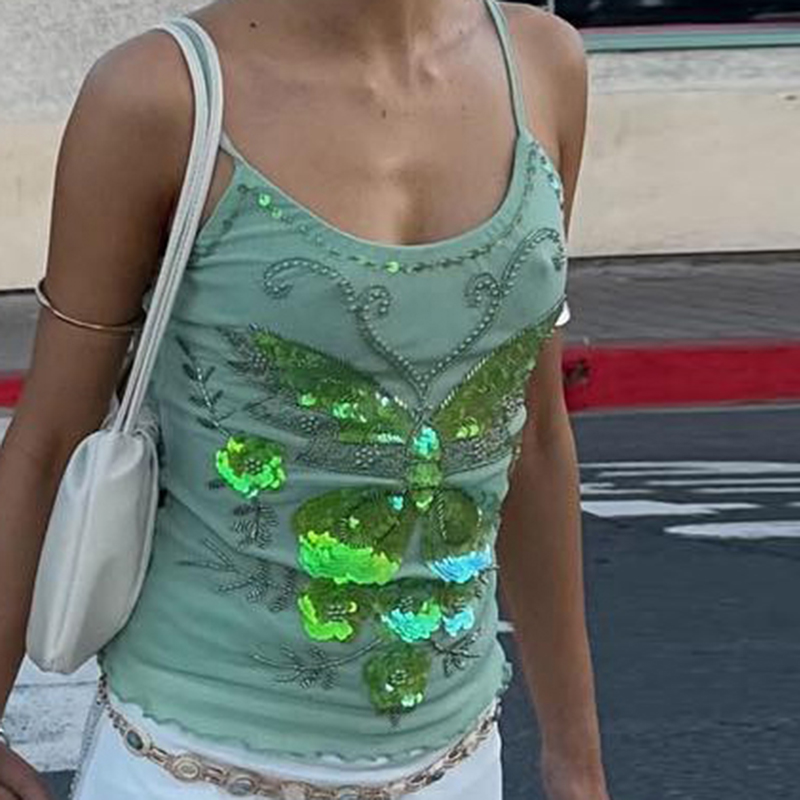 Sequin Beaded Crop Tops Coquette Multi-layers Sleeveless Camis Sparkly Glitter Tank Top Women Y2k Fiary Going Out Vest: M / green