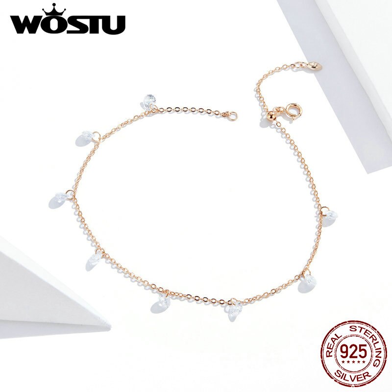 WOSTU Thin 925 sterling Shiny Chains Anklet For Women Girls Friend Foot Jewelry Leg Bracelet Tobillera de Prata