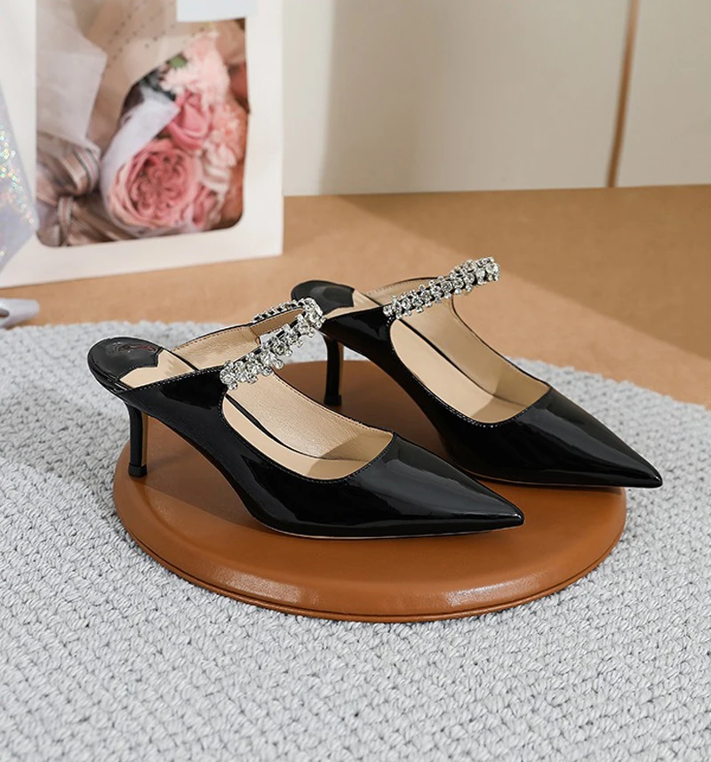 【Médisez la longueur de vos pieds avant de commander】 Cristaux Luxry Femmes Sandales à talons à lanières Chaussures plates à la 77-CHC-33: Black / 5