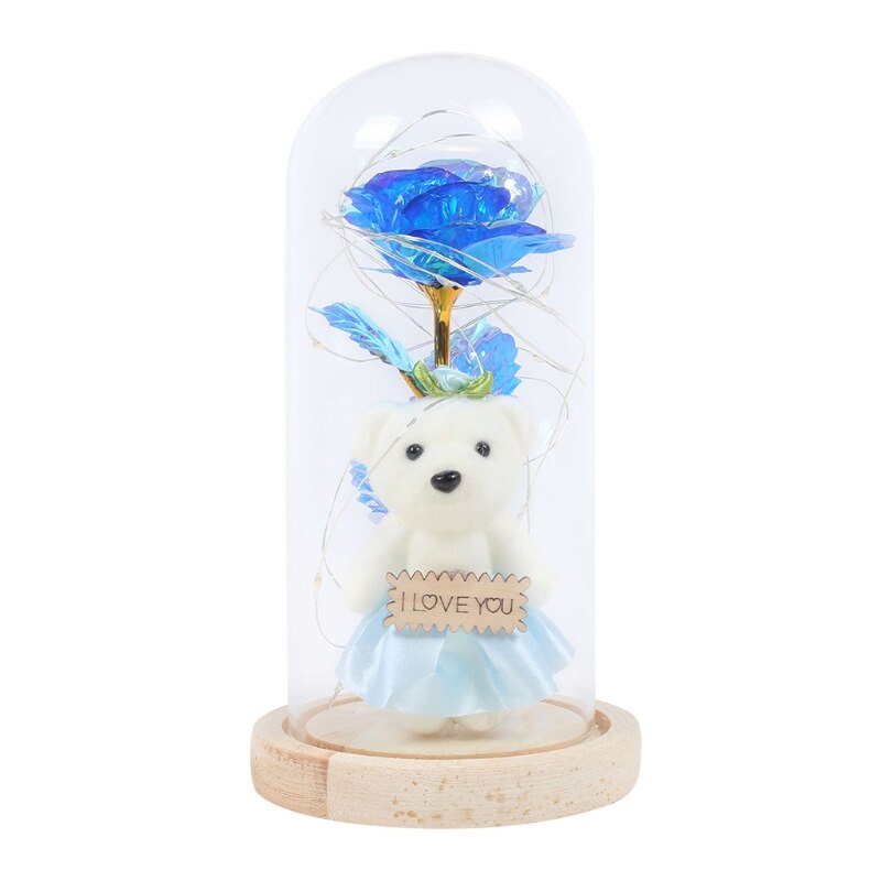 Gold Foil Rose Flower Bear in Glass Dome with LED Night Light Mothers Day Valentine's Day Wedding Party Decoration: 6
