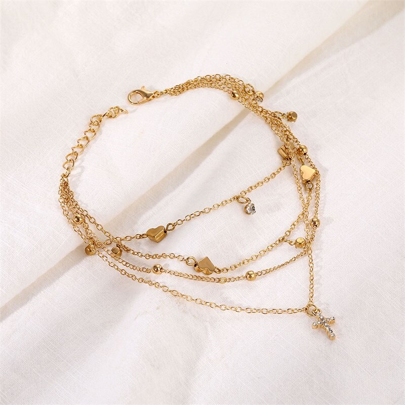 Bracelet de cheville croisé en cristal doré pour femmes, bijoux d&#39;été, multicouches, chaîne de pied, accessoires de plage