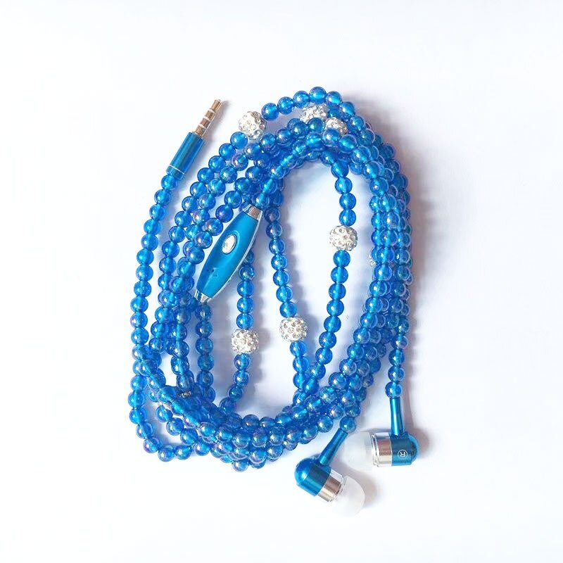 Pearl Necklace Earphone In-Ear Pink Rhinestone Necklace Jewelry Beads Earphones With Mic For Samsung Xiaomi Brithday Girls: Blue
