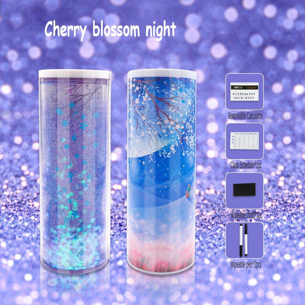 Ceative Cylindrical Pencil Box Case Quicksand Translucent Multifunction Pen Box Inner Solar Calculator Mirror Whiteboard