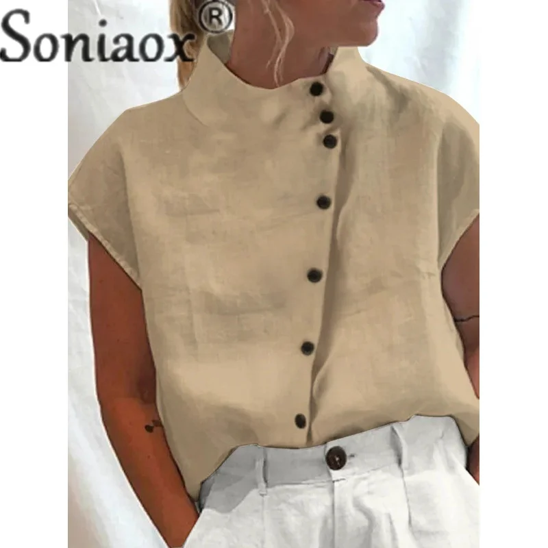 Camisa de lino y algodón con cuello levantado para mujer, cárdigan de estilo Simple con una botonadura, Tops, blusa holgada informal para mujer 2023: XXXL / Caqui