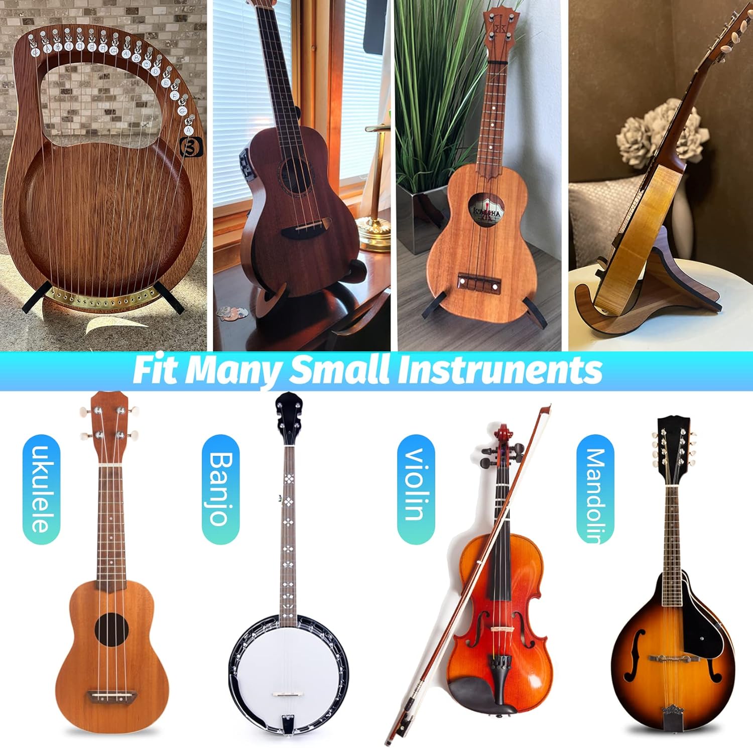 Ukulele-stativ i tre, instrumentstativ, sammenleggbart, bærbart stativ for mandoliner og fioliner