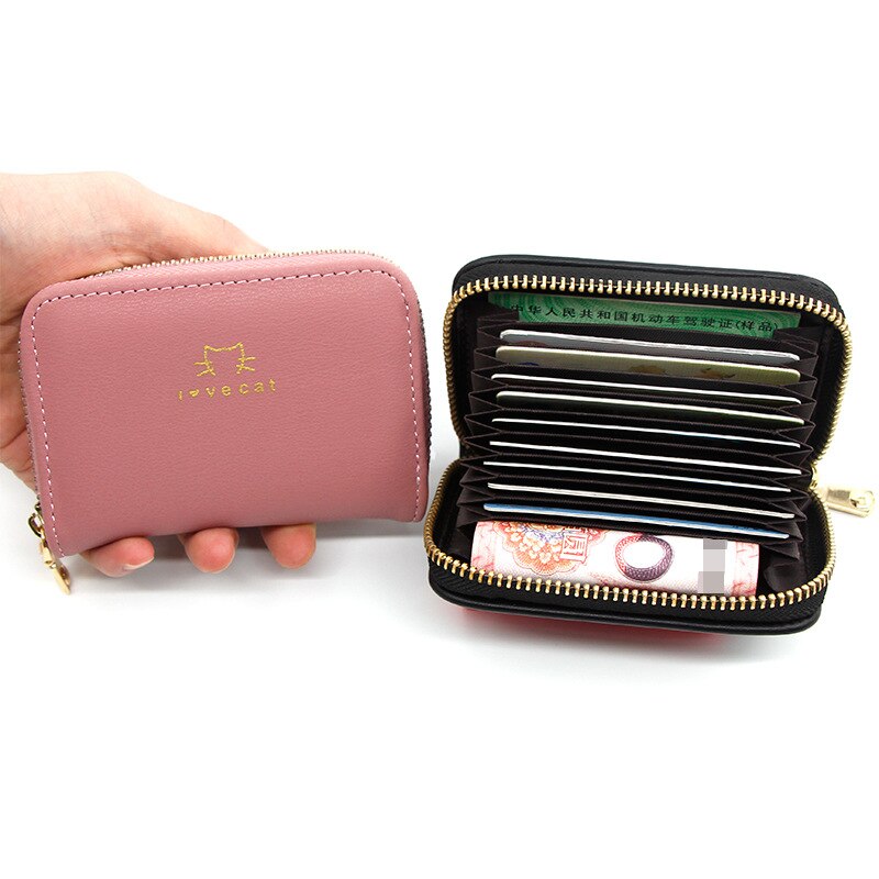 PURDORED 1 Pc Cat Card Holder PU Leather Small Zipper Mini Card Wallet Women Coin Purse Female Business Card Holder Billetera