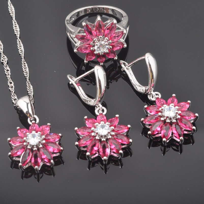 Zilveren sieradenset voor dames, trouwketting, oorbel, ring, hemelsrode zirkonia, kristallen bloem, kostuumsets  qz0435