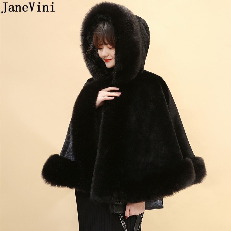 JaneVini bianco rosso pelliccia sintetica avvolgere da sposa inverno matrimonio donna scialle con cappuccio stola di pelliccia coprispalle mantello soprasse Fourrure Blanche Mariage