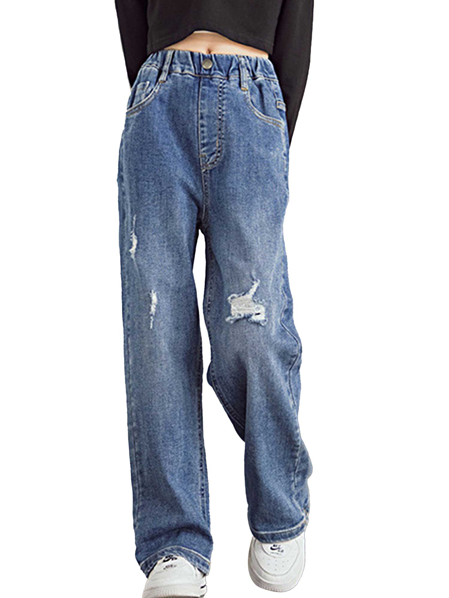 Kids Meisjes Jeans Stijlvolle Kleding Elastische Tailleband Denim Ripped Wijde Pijpen Casual Broek Met Multi-Zakken Kids Slipje Herfst