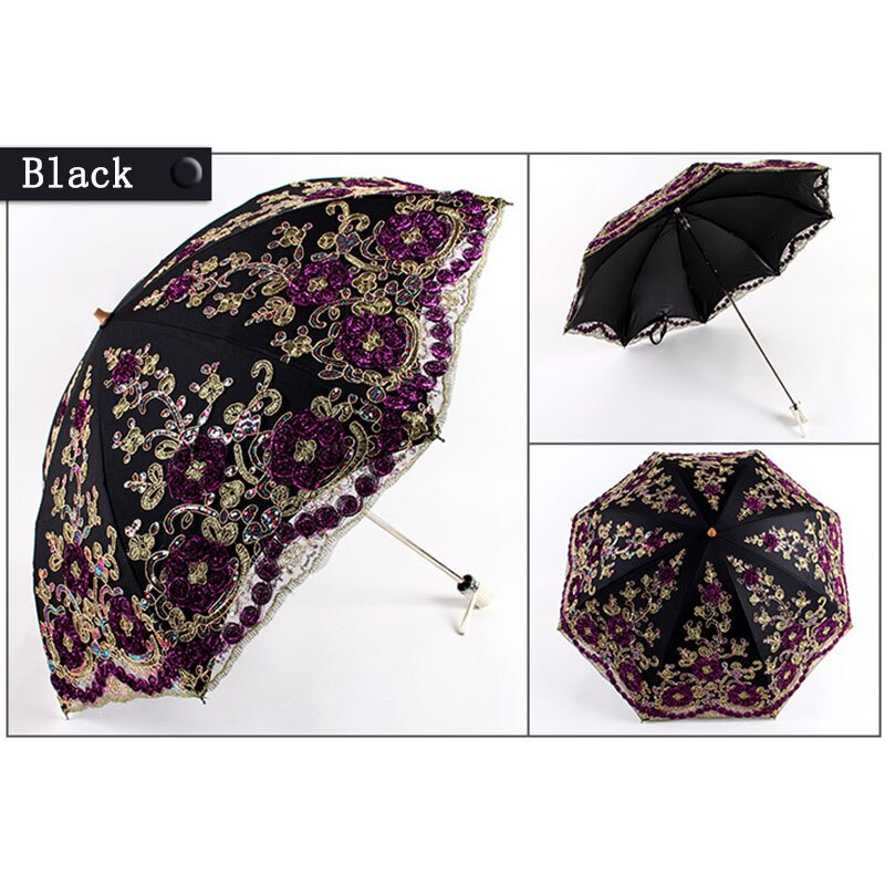 Paraguas de lluvia plegable de encaje para mujeres, sombrilla para chicas, sombrilla de actividad para boda, Paraguas Anti-UV a prueba de agua, Paraguas Guarda chuva sombrbrinha: Black