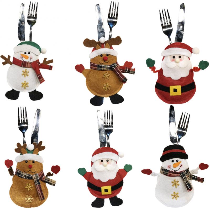 Kerst Bestek Cover Bag Doek Kerstman Sneeuwpop Elanden Vormige Leuke Voor Keuken Servies Mes Vork Xams Party Decoratie