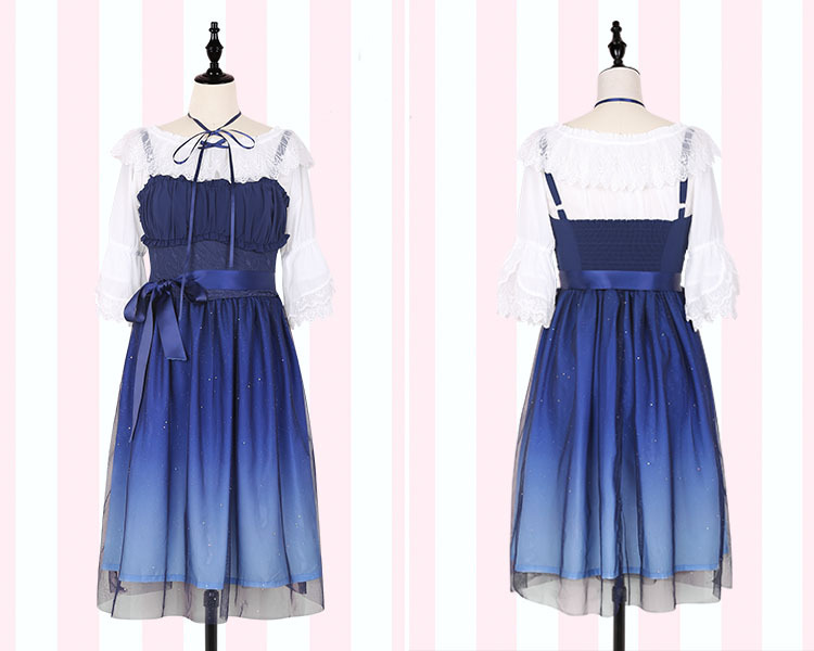 JSK Shinning Stars Lolita Dress Gradient JSK Star Blue Girls Solid Fancy Dress Lace Ruched Pleated Dress With Shirt Set