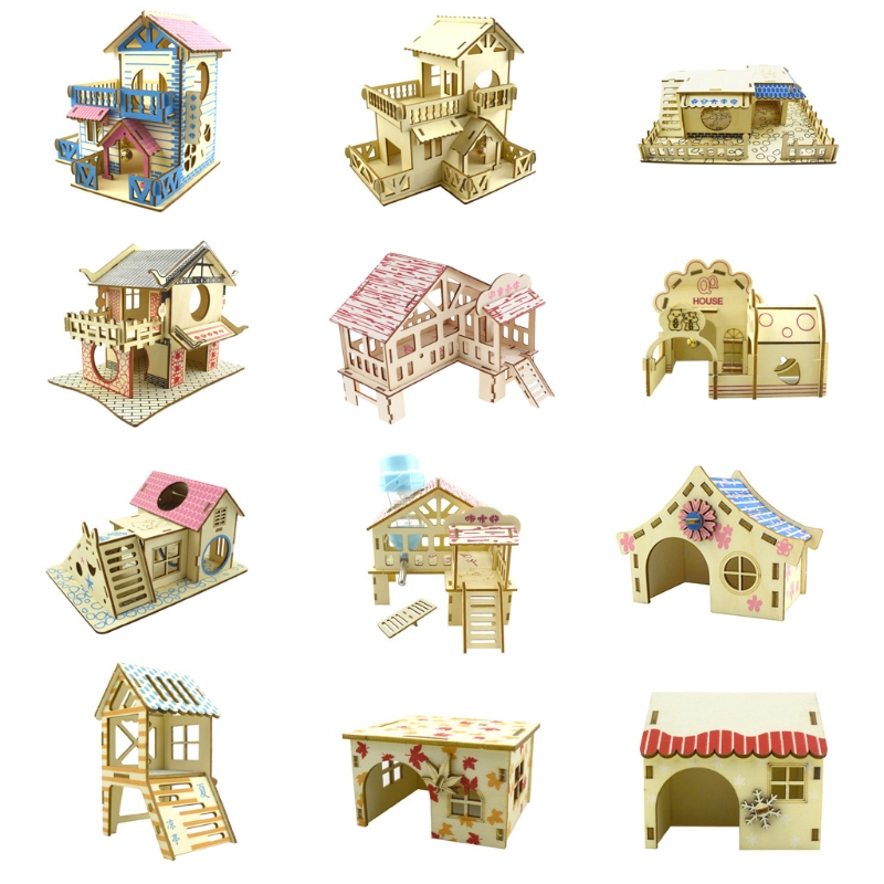Hamster Hideout Wooden Hut Small Animals Double Layer Villa Rat Room House Cage Exercise Toy with Ladder Board
