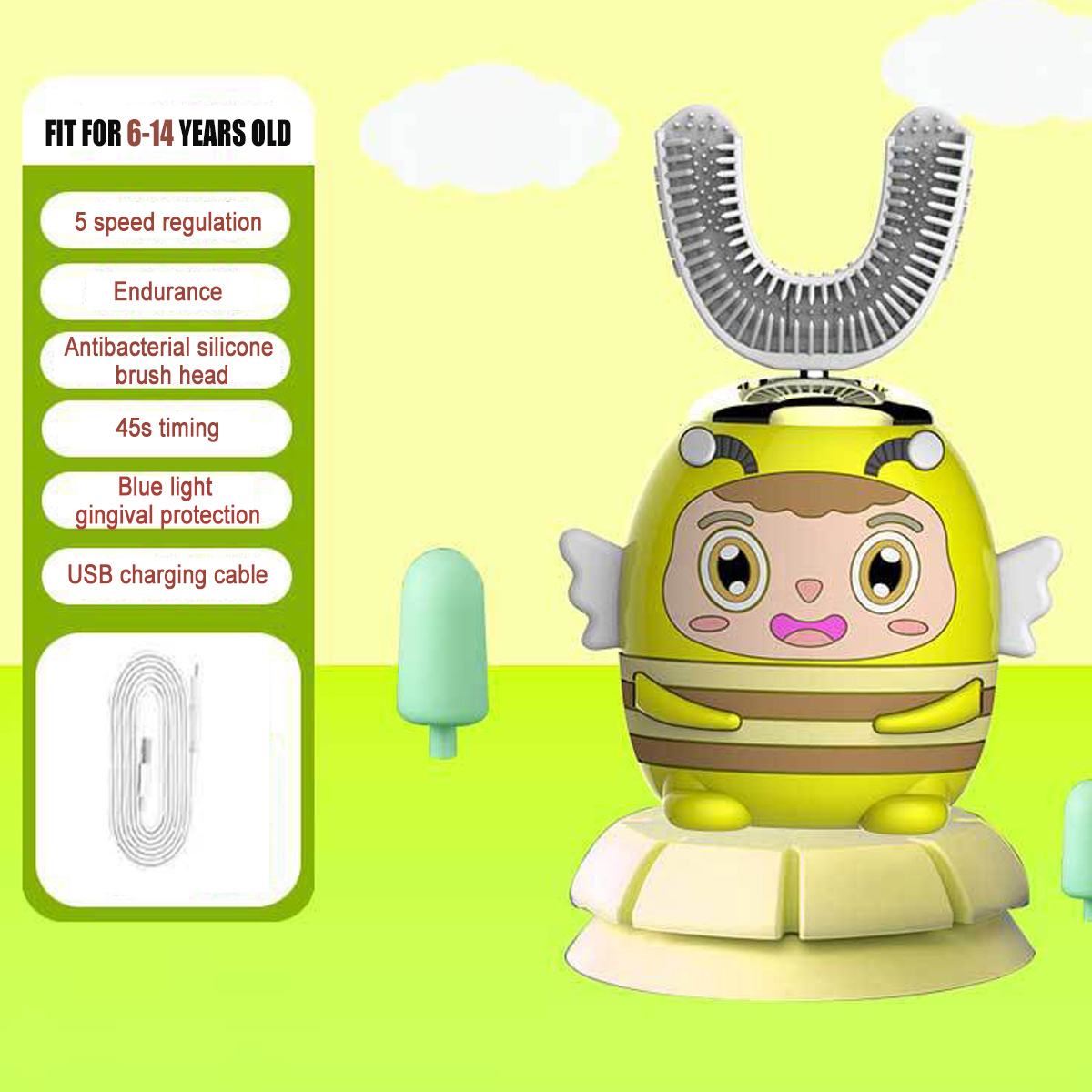 Children 5 Modes Automatic U Type Electric Toothbrush Intelligent Ultrasonic Toothbrush for 2-14 Years Old: bee