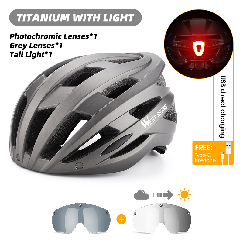 WEST BIKING-casco de ciclismo para hombre y mujer, gafas con luz trasera, visera para el sol, casco para bicicleta de montaña y carretera, gorra segura para motocicleta