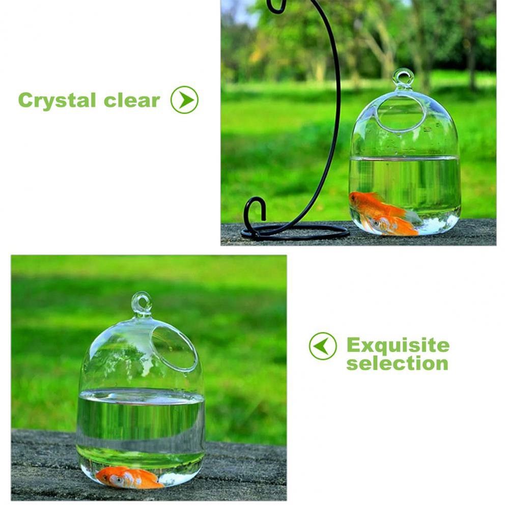 Rund/rektangulær form hengende glass akvarium fisk tank fiskeskål gjennomsiktig vase ornament med stativholder hjemdekorasjon