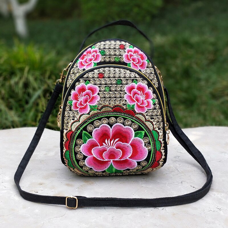 Kvinder pige vintage mini rygsæk lærred broderet blomst lynlås rejse skulder taske dagsæk til rejse shopping