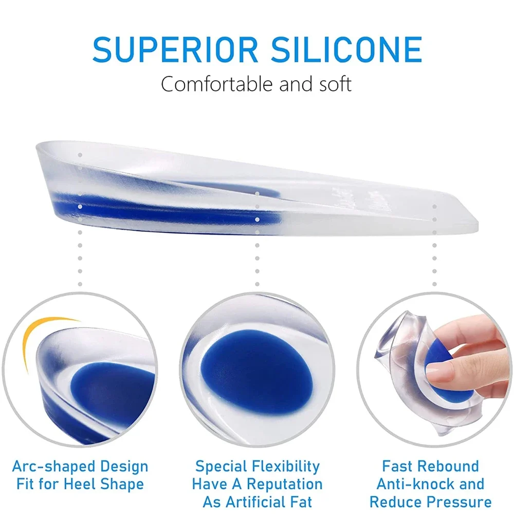 Solette in gel di silicone morbido per speroni calcaneari Sollievo dal dolore Cuscino del piede Massaggiatore del piede Cura Coppe del tallone Cuscinetti per scarpe Solette per aumentare l'altezza