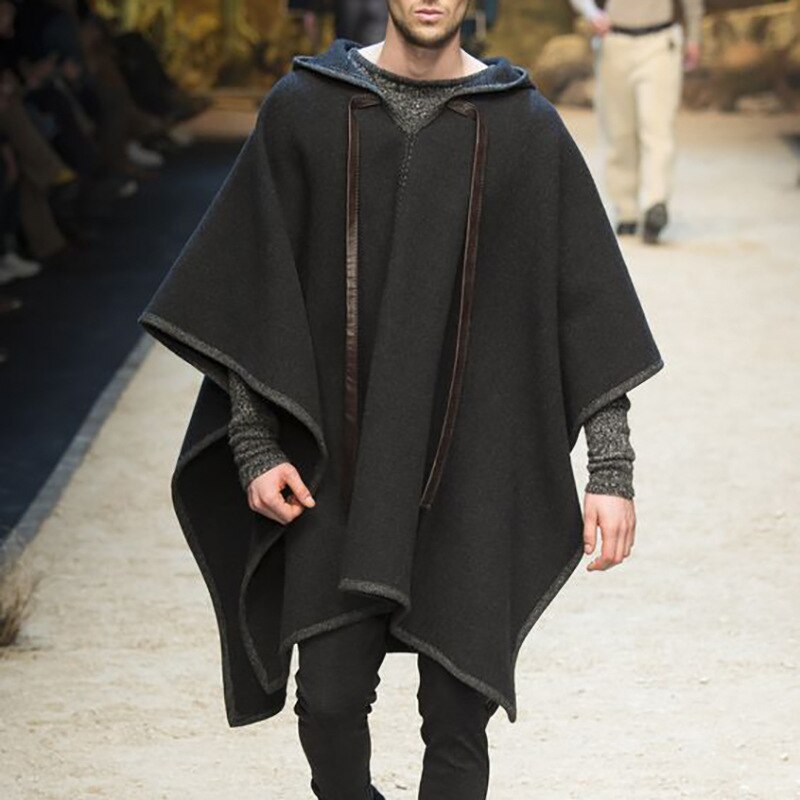 Capa con capucha para hombre, abrigo de lana holgado con cuello en V, largo, Color negro,: S