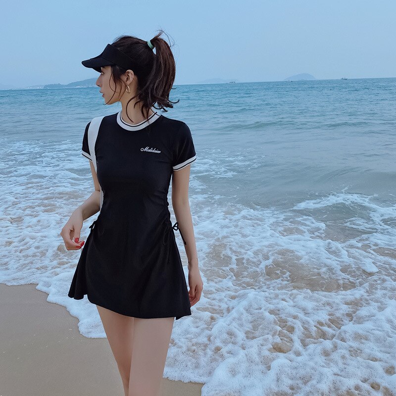 Sød badedragt kvinder badetøj pige koreansk stil o hals 2 stykke sæt strop talje nederdel svømme badedragt strand wear monokini: Sort / S