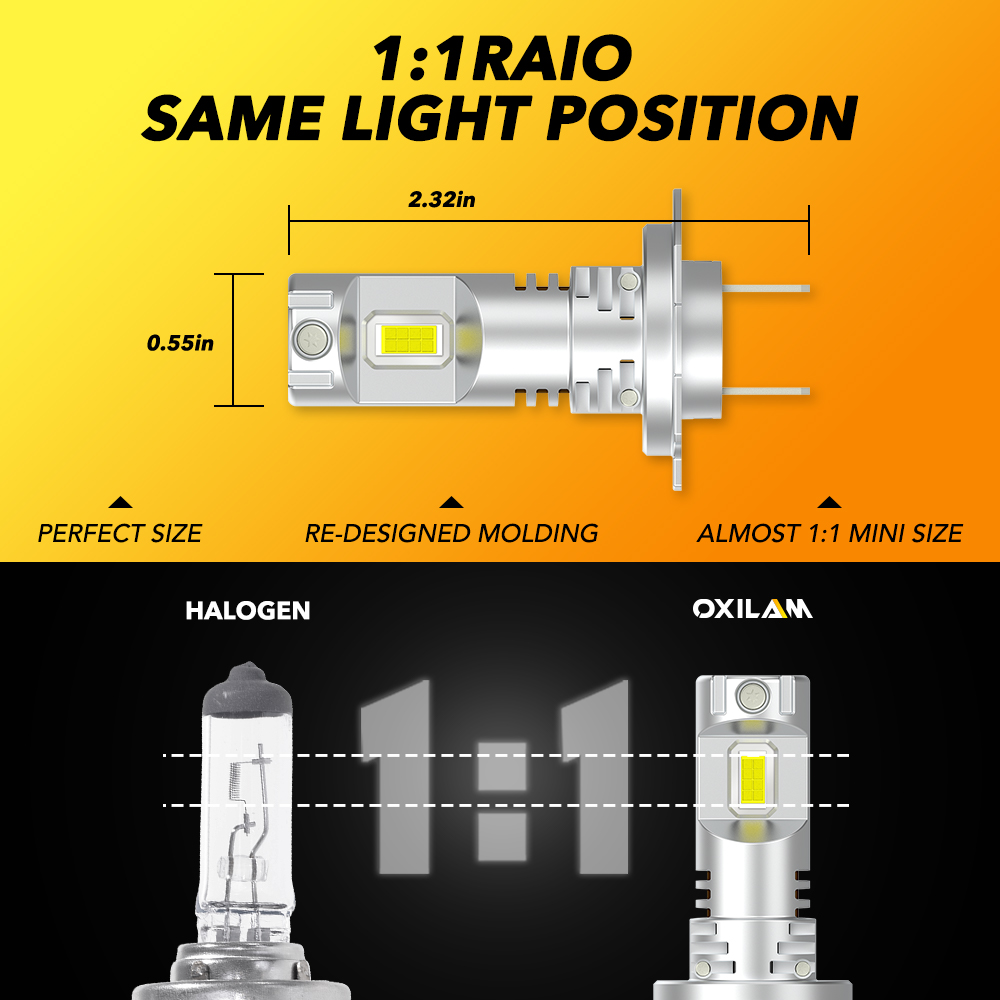 Oxilam 2 stk. led-forlygte til biler  h7 12v 55w 20000lm 5530 csp til bilforlygte 6500k stk. uden blæser  h7 stk. diodepærer mini 1:1 stk.