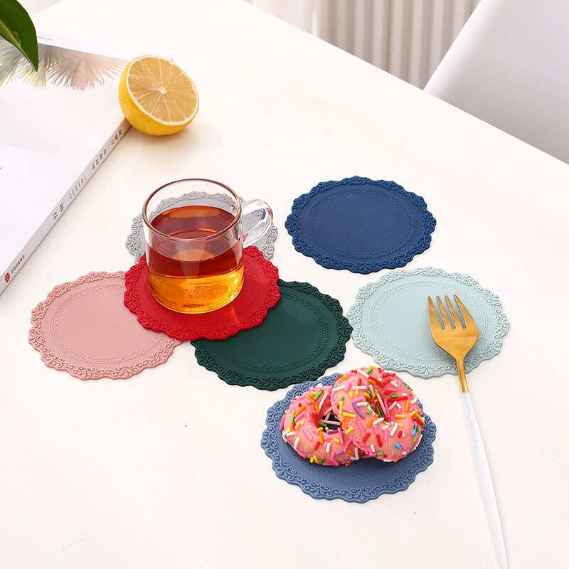 Dining Table Retro Embossed Craft Silicone Placemat European Style Lace Insulation Plate Mat Anti-scald Coaster Table Pads