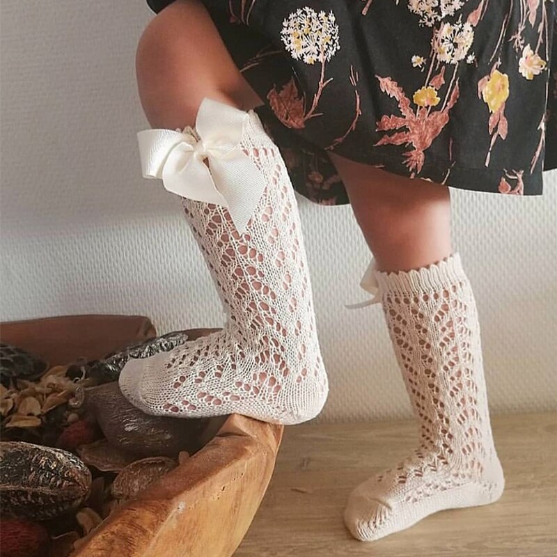 Calcetines de bebé hasta la rodilla con lazo grande de estilo español, calcetines de verano de princesa para niño niña, calcetines de malla acanalados, calcetines largos de algodón para de niños